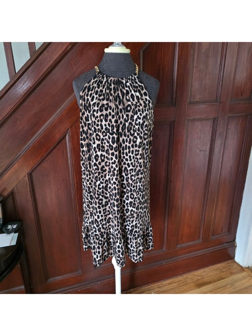 Michael Michael Kors Leopard Print Halter Dress With Gold Chain Detail Size M